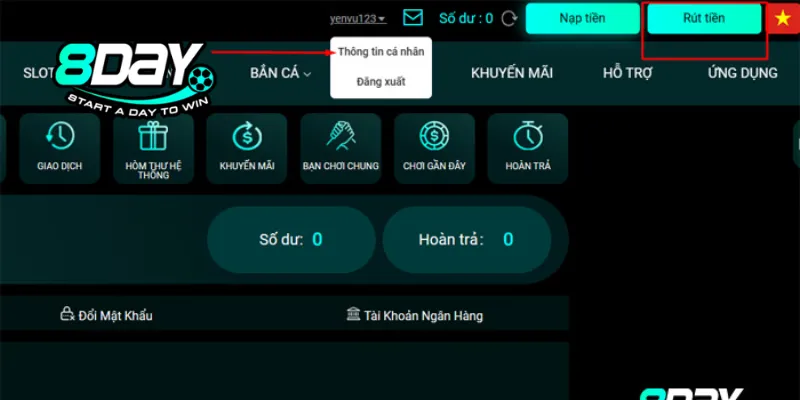 Hướng dẫn rút tiền 8Day